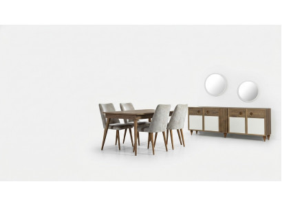 Dining room set table 4x chairs sideboard set design wood textile
