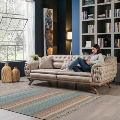Chesterfield 3-seater beige design couches, upholstered sofas, textile couch