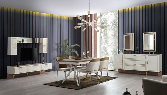 Dining room set: table, 4 chairs, sideboard, 2 mirrors, wall unit, 11 pieces.