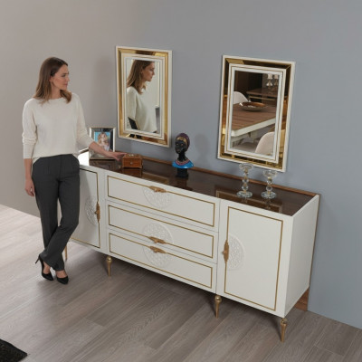 Living room set: sideboard with 2x mirror set, wood, 3-piece, white sideboard