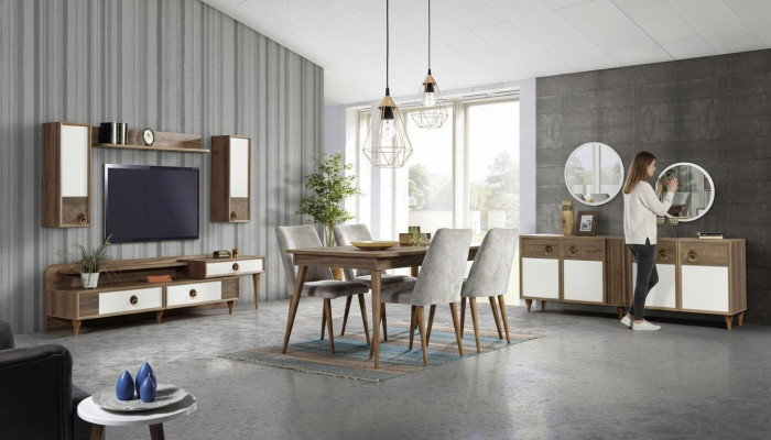 Living room sideboard with mirror set wood brown new modern luxury