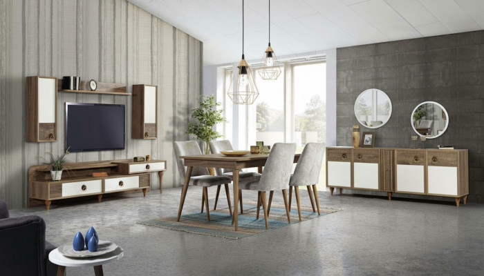 Living room sideboard with mirror set wood brown new modern luxury