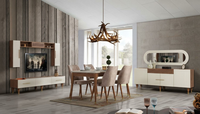 Dining room set complete set table 4x chairs dining group wood 11-piece brown