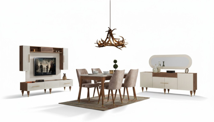 Dining room set complete set table 4x chairs dining group wood 11-piece brown