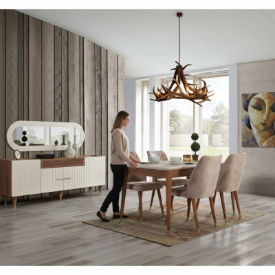 Dining room set: table, 4x chair, sideboard, mirror, furniture, 7-piece, new, modern