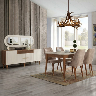 Dining room set: table, 4x chair, sideboard, mirror, furniture, 7-piece, new, modern