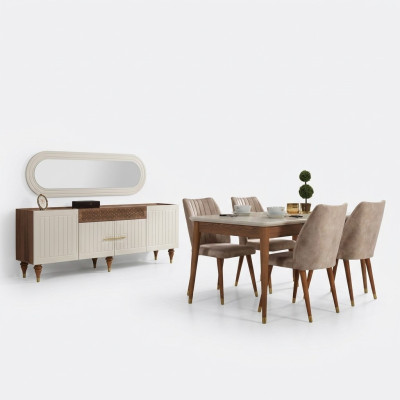 Dining room set: table, 4x chair, sideboard, mirror, furniture, 7-piece, new, modern