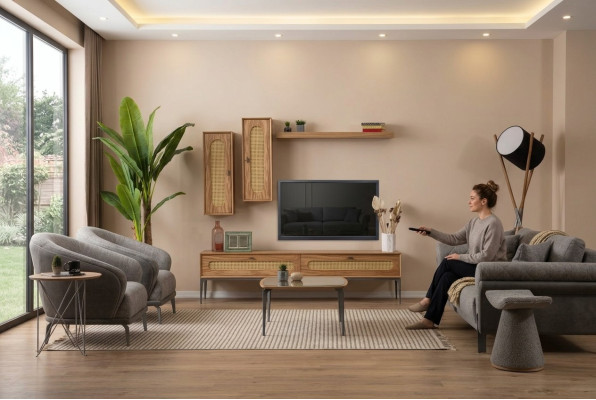 Lowboard RTV wall cabinets living room wood furniture wall shelf set of 4 pcs.
