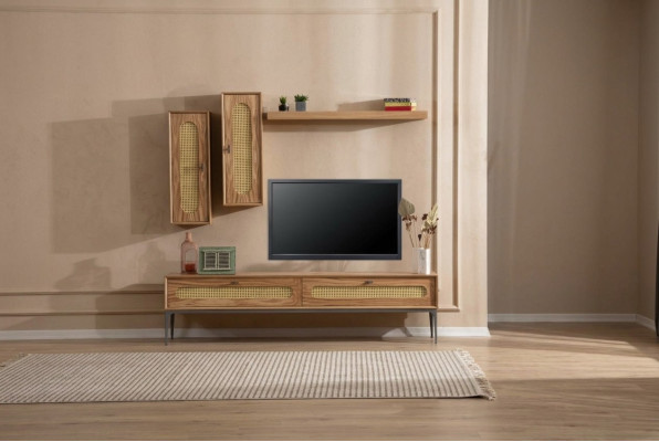 Lowboard RTV wall cabinets living room wood furniture wall shelf set of 4 pcs.