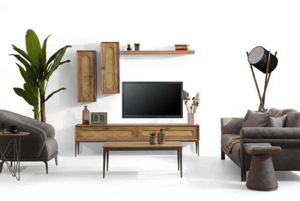 Lowboard RTV wall cabinets living room wood furniture wall shelf set of 4 pcs.
