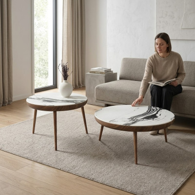 Coffee table set, 2 pieces. Table living room furniture, round white wood design.