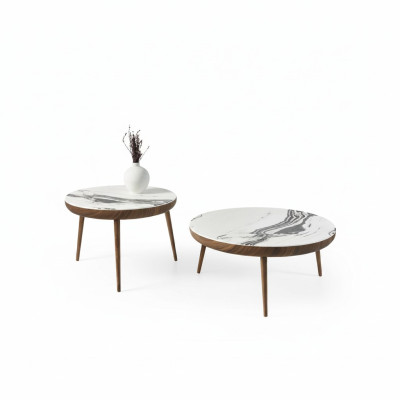 Coffee table set, 2 pieces. Table living room furniture, round white wood design.