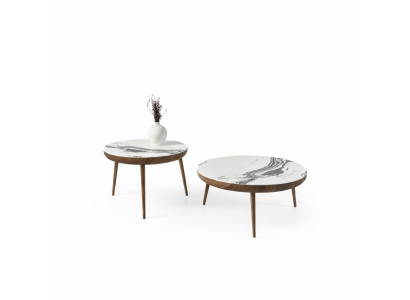 Coffee table set, 2 pieces. Table living room furniture, round white wood design.