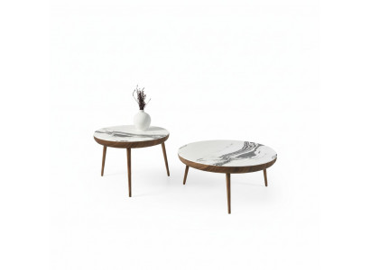Coffee table set, 2 pieces. Table living room furniture, round white wood design.