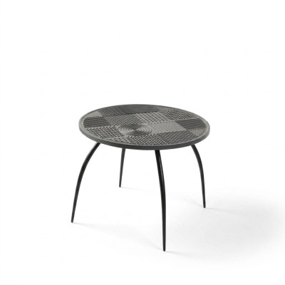Original black round coffee table with carved tabletop