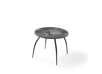 Original black round coffee table with carved tabletop