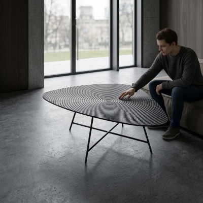 Stylish black coffee table for the living room with a carved tabletop