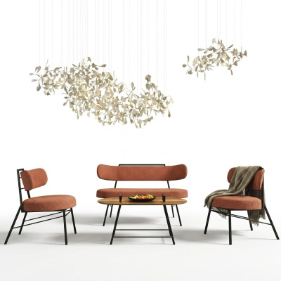 Set of 4 pcs. Bench, 2x chairs, coffee table, seat bench, textile, wood, designer