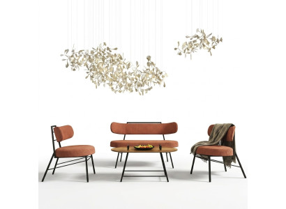 Set of 4 pcs. Bench, 2x chairs, coffee table, seat bench, textile, wood, designer