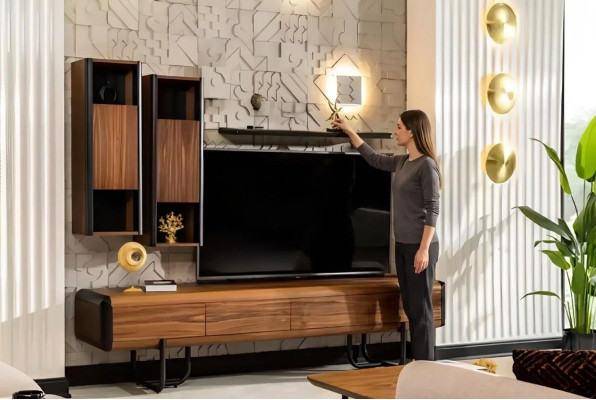A beautiful TV cabinet with wall shelves in loft style that gives your living room a chic look.