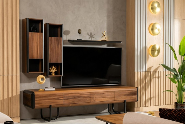 A beautiful TV cabinet with wall shelves in loft style that gives your living room a chic look.
