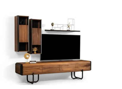 A beautiful TV cabinet with wall shelves in loft style that gives your living room a chic look.