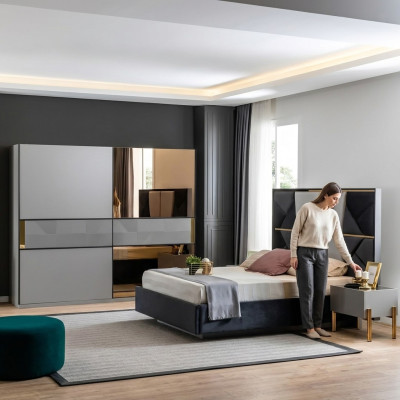Perfect bedroom furniture set in shades of gray with golden inlays