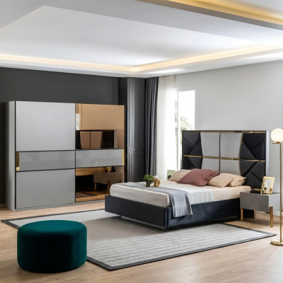 Perfect bedroom furniture set in shades of gray with golden inlays