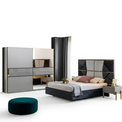 Perfect bedroom furniture set in shades of gray with golden inlays
