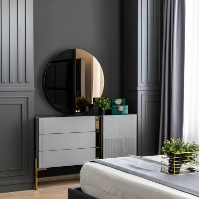 Beautiful dresser with mirror in shades of gray with gold inlays