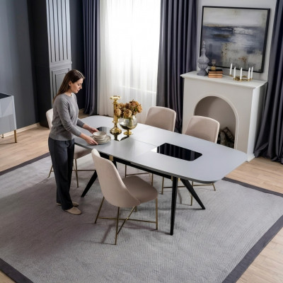 Modern, definitely beautiful table with chairs in shades of gray and beige.