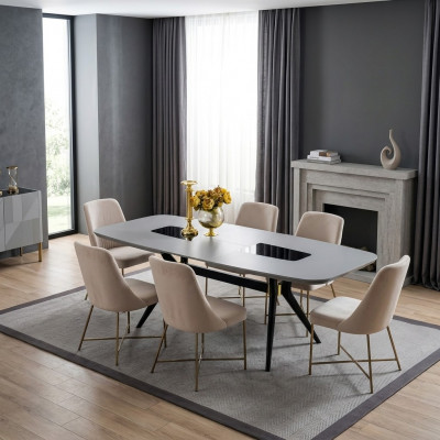 Modern, definitely beautiful table with chairs in shades of gray and beige.
