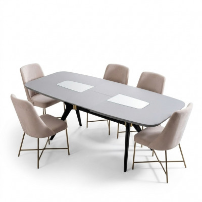 Modern, definitely beautiful table with chairs in shades of gray and beige.