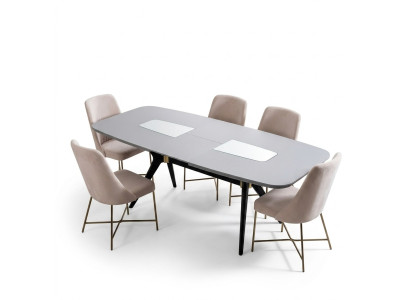 Modern, definitely beautiful table with chairs in shades of gray and beige.