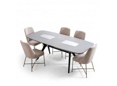 Modern, definitely beautiful table with chairs in shades of gray and beige.