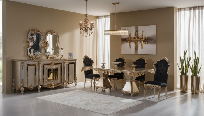 High-quality 7-piece dining room furniture in a golden style
