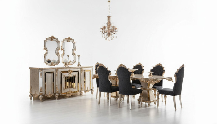 High-quality 7-piece dining room furniture in a golden style