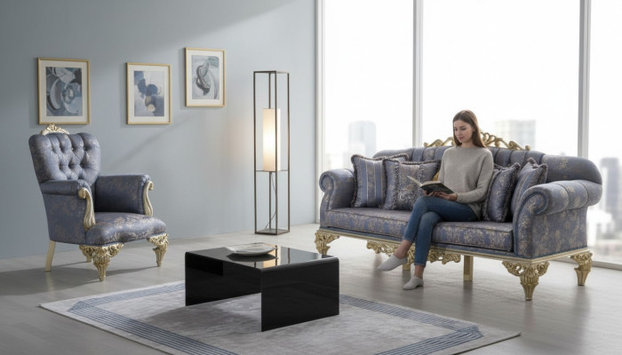 3-seater sofa textile armchair couch upholstered furniture 3+1 three-seater blue
