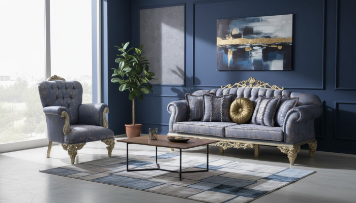 3-seater sofa textile armchair couch upholstered furniture 3+1 three-seater blue