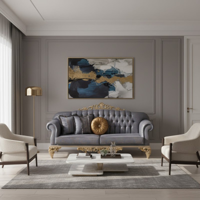 Sophisticated classic sofa in Chesterfield design for the living room with golden cushions.