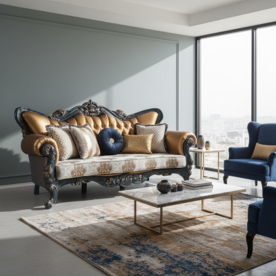 Exquisite sofa in classic style with golden elements for the living room