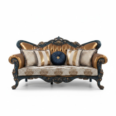 Exquisite sofa in classic style with golden elements for the living room