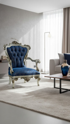A fabulous armchair in classic style in blue with decorative patterns