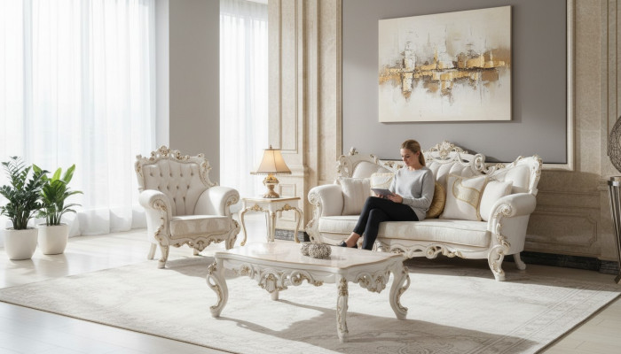 Chesterfield Sofa Upholstery Set 3+1 Seat White Fabric Three-Seater Coffee Table