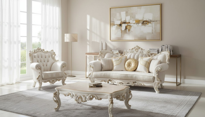 Chesterfield Sofa Upholstery Set 3+1 Seat White Fabric Three-Seater Coffee Table