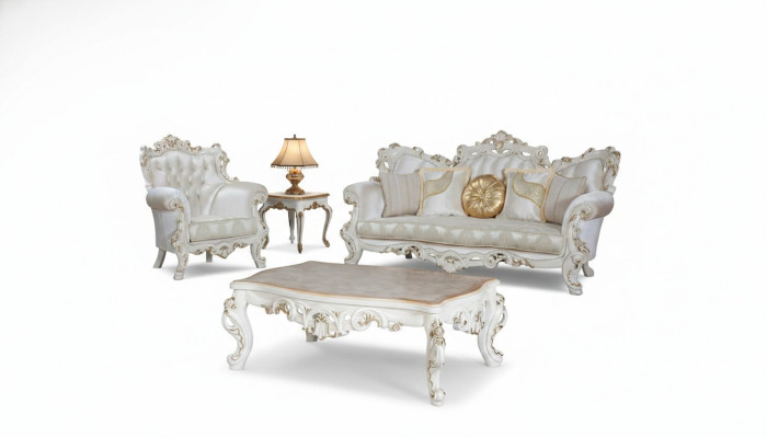 Chesterfield Sofa Upholstery Set 3+1 Seat White Fabric Three-Seater Coffee Table