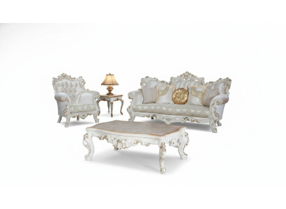 Chesterfield Sofa Upholstery Set 3+1 Seat White Fabric Three-Seater Coffee Table
