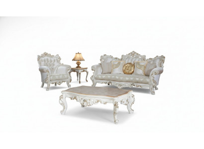 Chesterfield Sofa Upholstery Set 3+1 Seat White Fabric Three-Seater Coffee Table