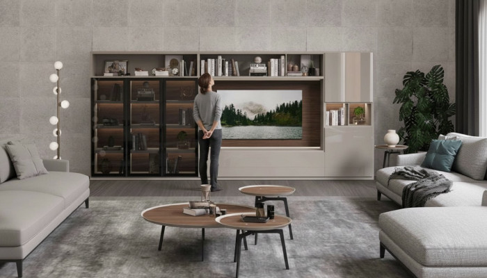 Large living room wall unit with glass doors, modern living room furniture, cabinet furniture.