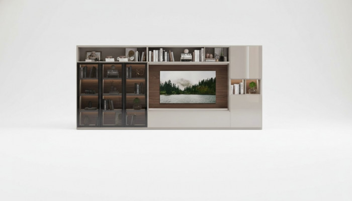 Large living room wall unit with glass doors, modern living room furniture, cabinet furniture.